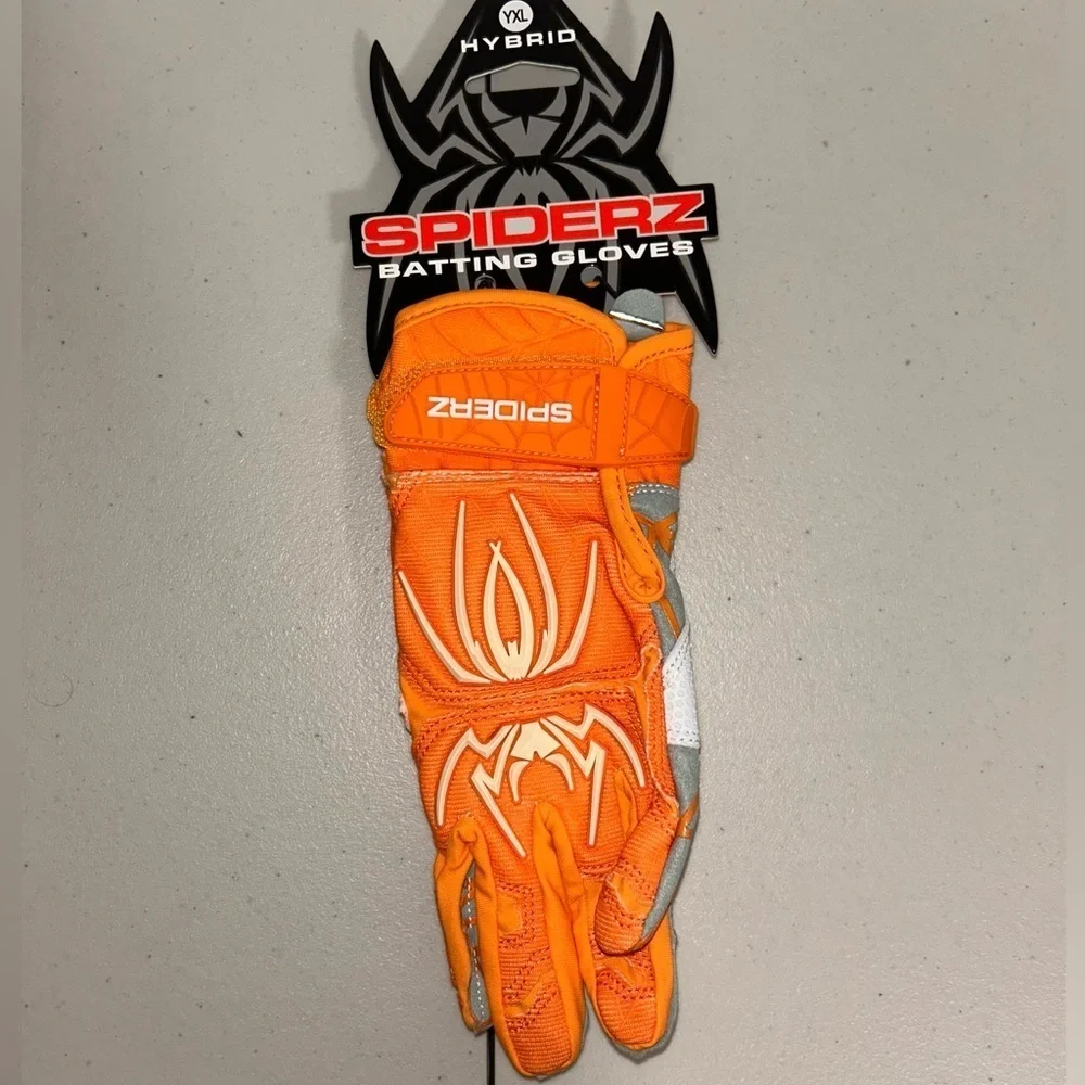 Spiderz Hybrid Batting Gloves Youth YXL Orange White Grey Baseball Softball